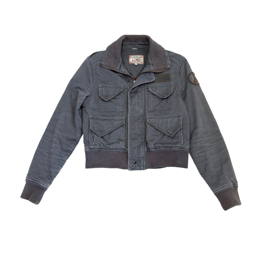 A Kurtz Cropped Miltary Bomber Jacket Womens S Green Gray Utility Distressed